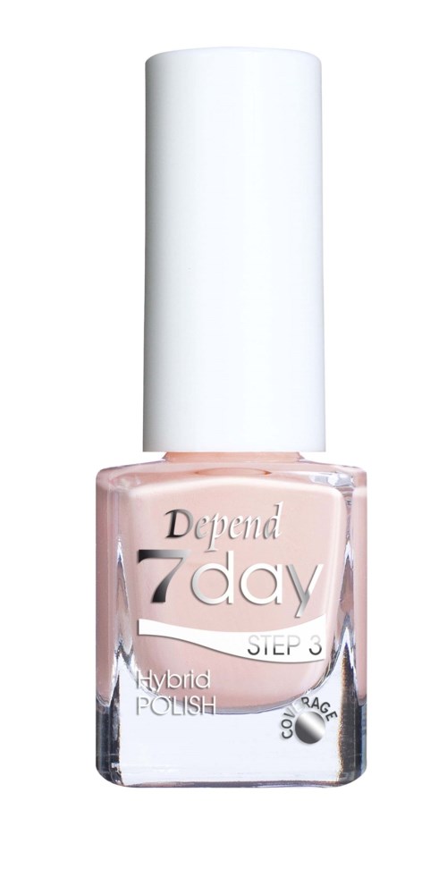 En liten glasflaska med rosa nagellack och vit kork. Etiketten säger "Depend 7day Steg 3 Hybrid Polish."
