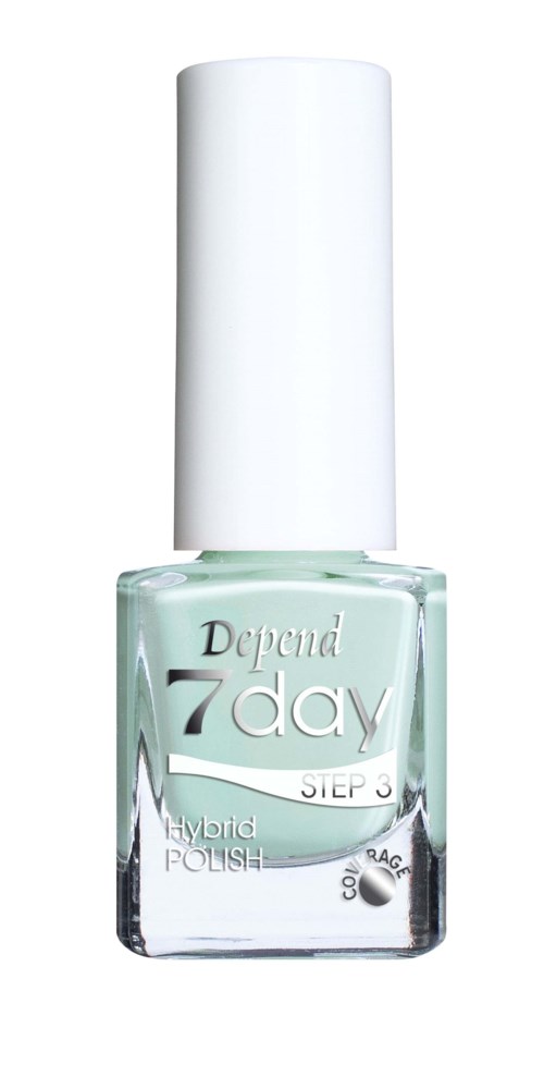 En klar nagellackflaska med vit topp och blågrön etikett som säger 'Depend 7 day STEP 3 Hybrid POLISH'.