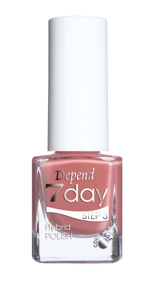 Rosafärgad nagellack i en glasflaska med vit kapsyl och etiketten: Depend 7day, STEG 3, Hybrid POLISH.