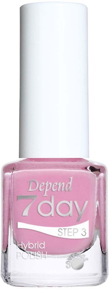 Nagellackflaska i rosa med vitt lock, märkt "Depend 7day" och "STEP 3".