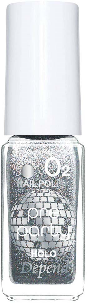 En klar neglelakkflaske med glitter, hvit kork og tekst om oksygen og holografisk effekt.