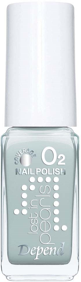 En klar nagellackflaska med vit lock, märkt 'Depend' och 'O2 Nail Polish'.