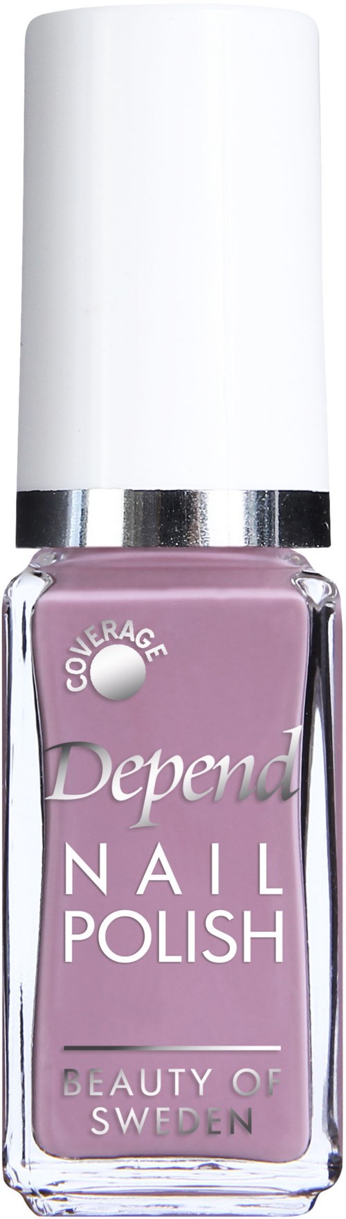 En flaska med ljus lila nagellack med vit lock och silverband, märkt 'Depend Nail Polish.'