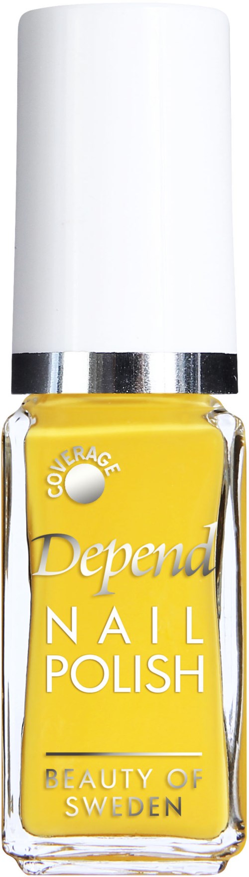 En gul nagellackflaska med vit kork och silverband, märkt "Depend" och "Nail Polish."