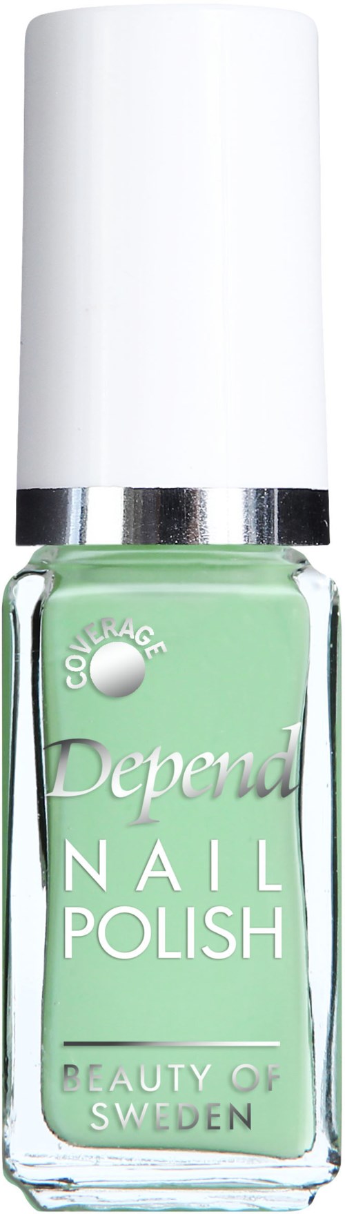 En ljusgrön flaska med Depend nagellack, vit topp och silverband. Texten säger 'Nail Polish' och 'Beauty of Sweden'.