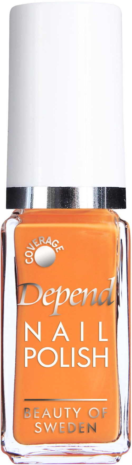 En orange nagellackflaska med vit kork, märkt "Depend" och "Nail Polish," tillverkad i Sverige.
