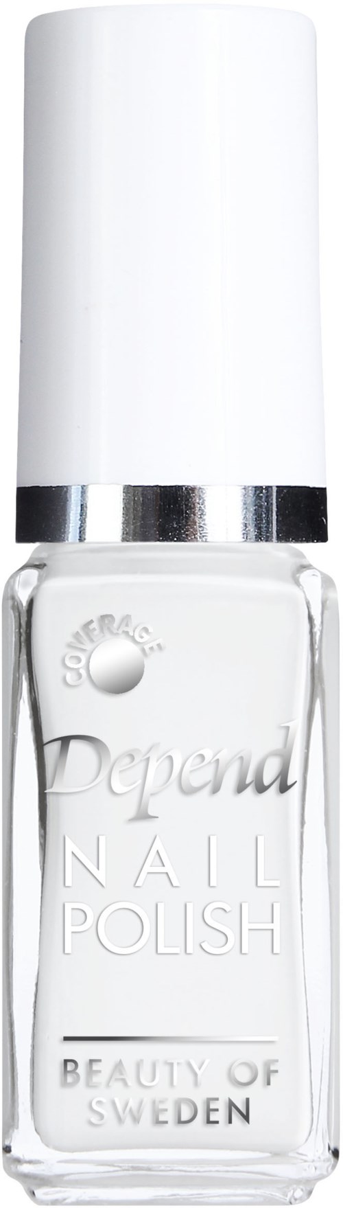 En klar nagellackflaska med vit kapsyl, märkt 'Depend Nail Polish' från Sverige.