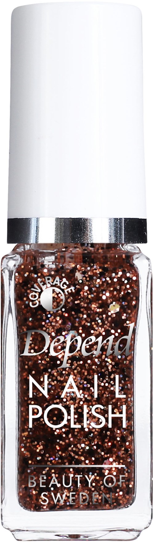 En flaska brun glitterlack med vit kork, märkt "Depend Nail Polish" och "Beauty of Sweden."