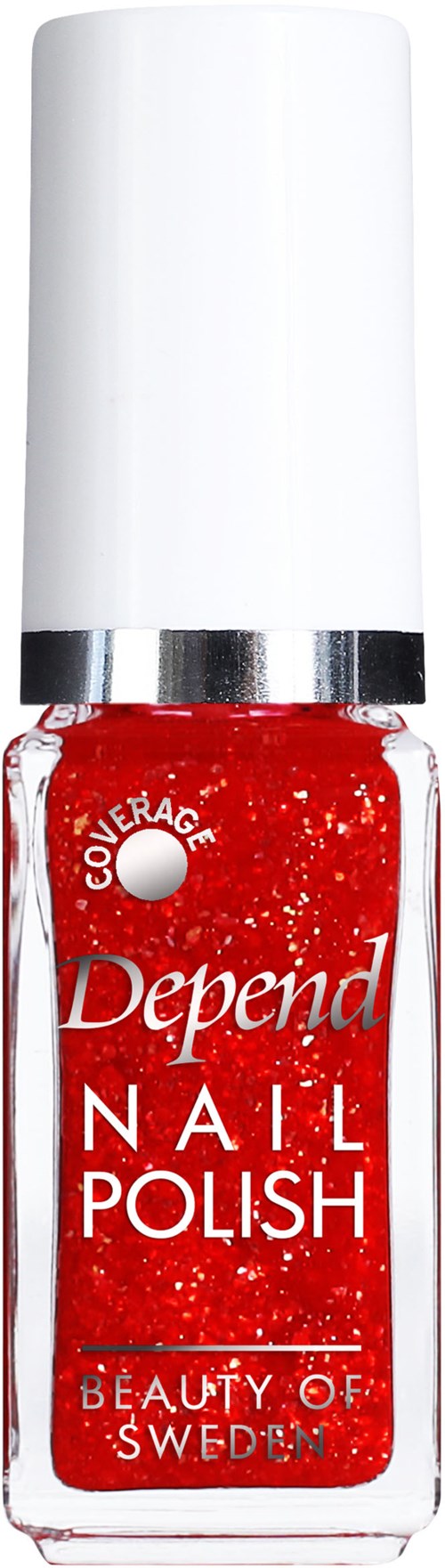 En röd nagellacksflaska med vit kork, märkt 'Depend Nail Polish, Beauty of Sweden', och en täckningsetikett.