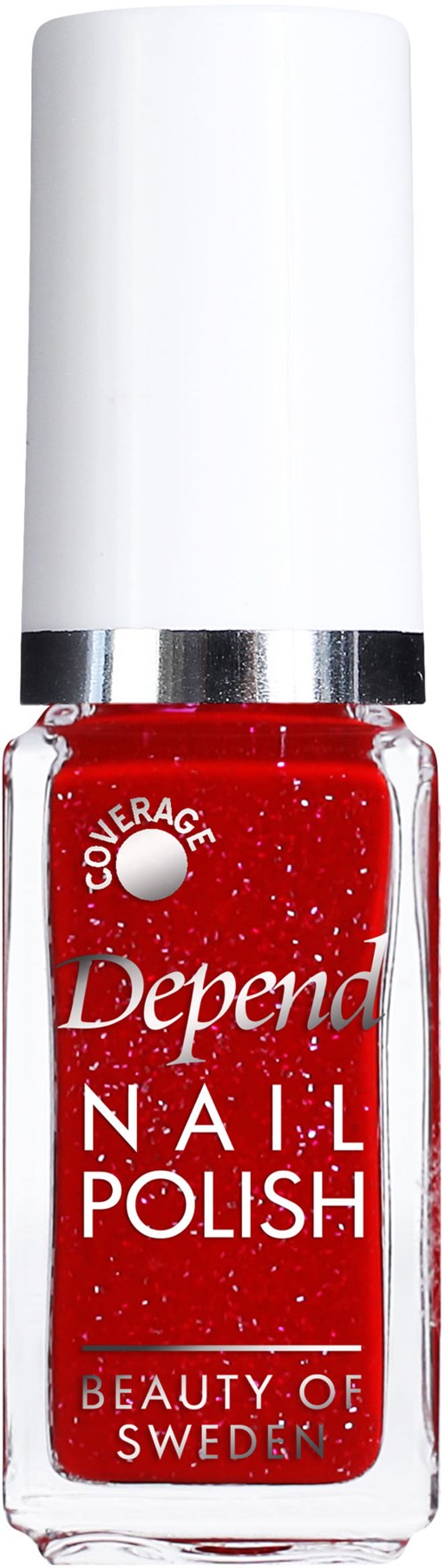 Röd nagellackflaska med vit kapsyl, märkt Depend Nail Polish från Sverige, ger täckning för naglar.