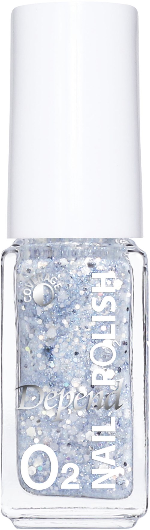 En transparent nagellacksflaska med vit, glitteraktig lack och vit kork.