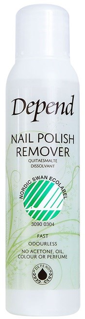 En vit sprayflaska märkt "Depend" nagellacksborttagare med gröna accenter och miljövänliga symboler.