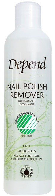 Een witte fles Depend nagellakverwijderaar met groene en zwarte tekst en logo.