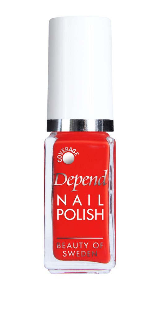 Röd nagellack i en genomskinlig flaska med vit kork, märkt 'Depend Nail Polish'.