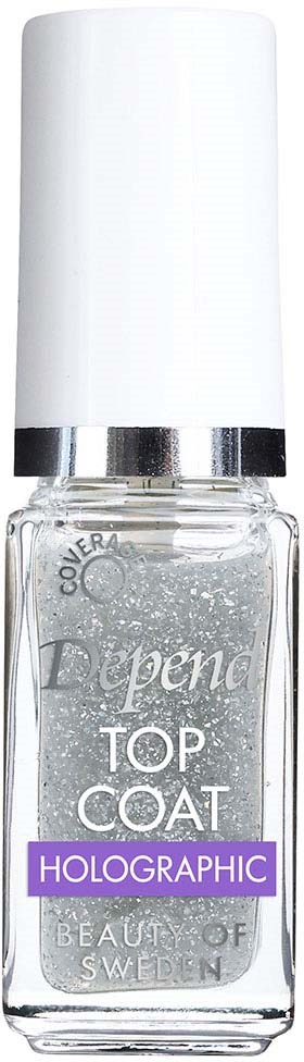 En klar neglelakkflaske merket 'Dipensa Top Coat Holographic' med hvit hette.