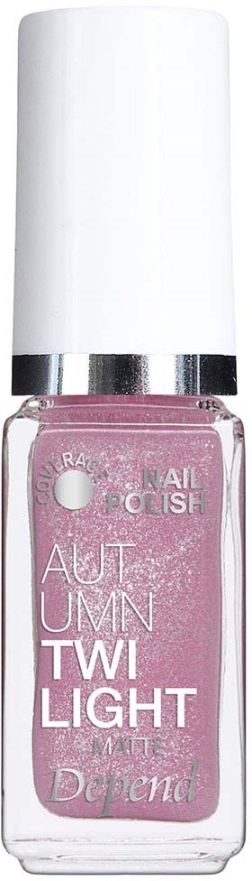 Rosa nagellackflaska medvit lock och silverdetaljer, märkt "Autumn Twi Light" av Depend.