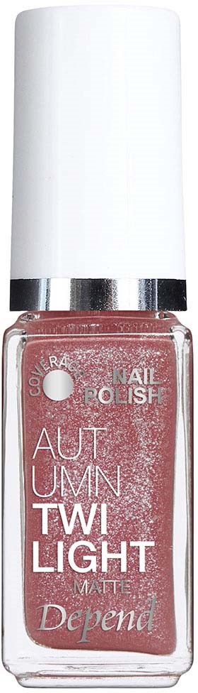 Eine Flasche pinker Nagellack mit weißem Deckel, beschriftet "Depend" und "Autumn Twi Light".