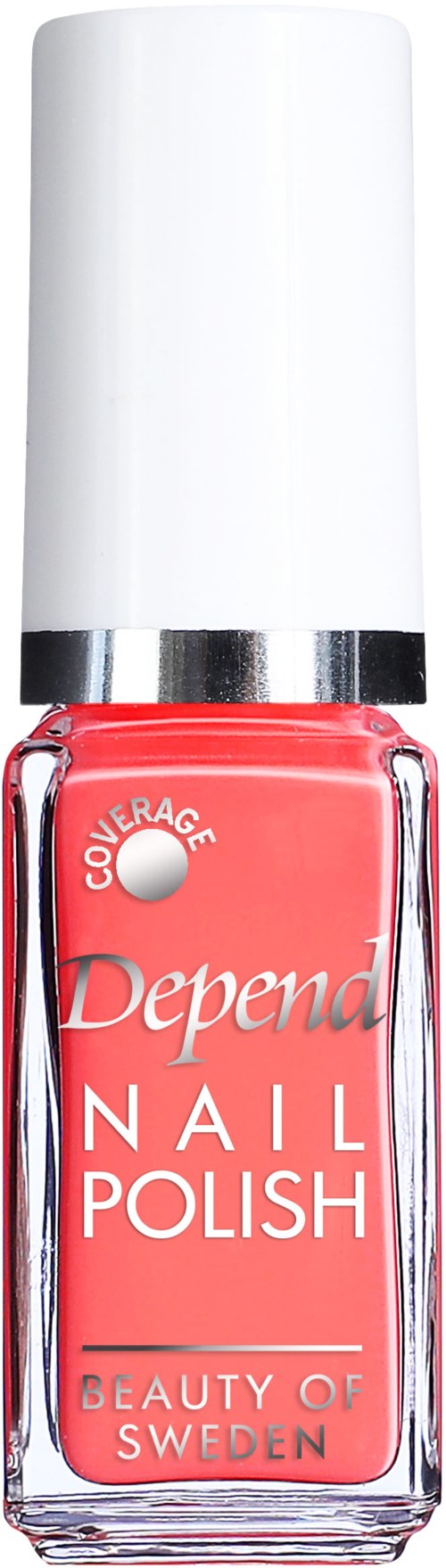 Pinkfärgad nagellackflaska med vit kork, märkt "Depend Nail Polish" från Sverige.