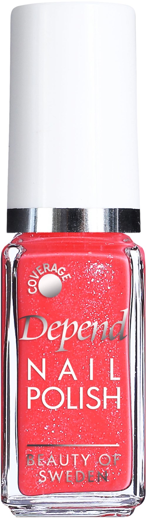 Det är en flaska med rött nagellack och vit kork, märkt 'Depend Nail Polish' från Sverige.