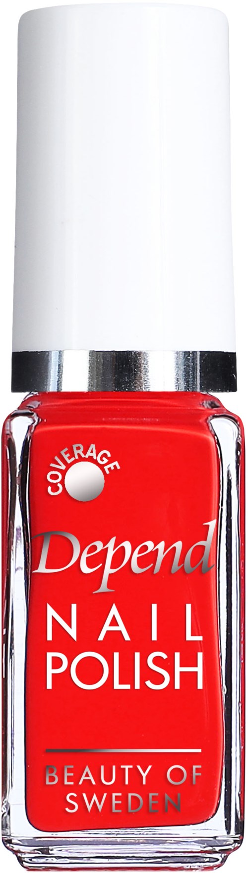 Röd Depend nagellackflaska med vit lock och silverband, märkt 'Beauty of Sweden'.