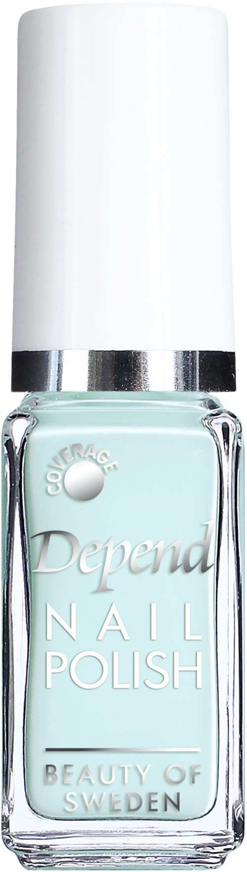 En ljusblå nagellackflaska med vit topp och silverband. Etiketten säger "Depend Nail Polish" från Sverige.
