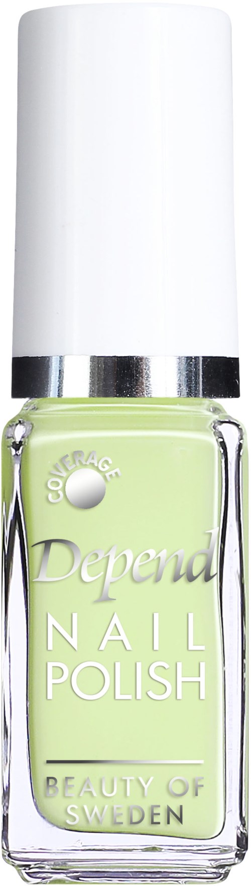 En nagellacksflaska i ljusgrön färg med vit kork och silverband, märkt "Depend Nail Polish."
