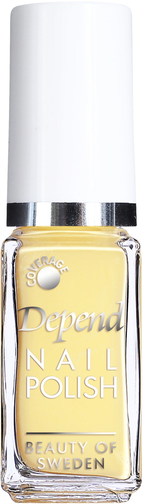 En flaska med gul nagellack från Depend, med vit kapsyl och silverband, märkt 'Nail Polish' och 'Beauty of Sweden.'