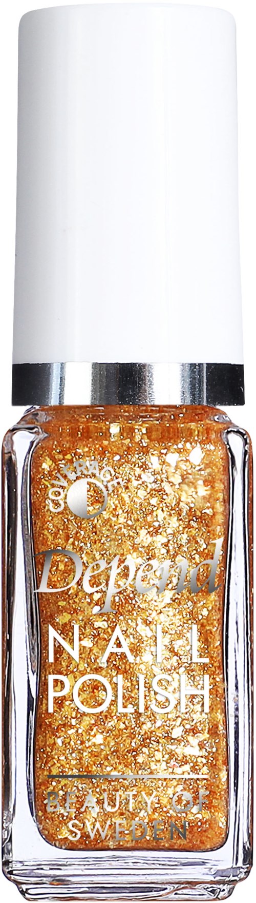 En flaska orange nagellack med glitter, vit kork, och silverband, märkt 'Depend Nail Polish.'