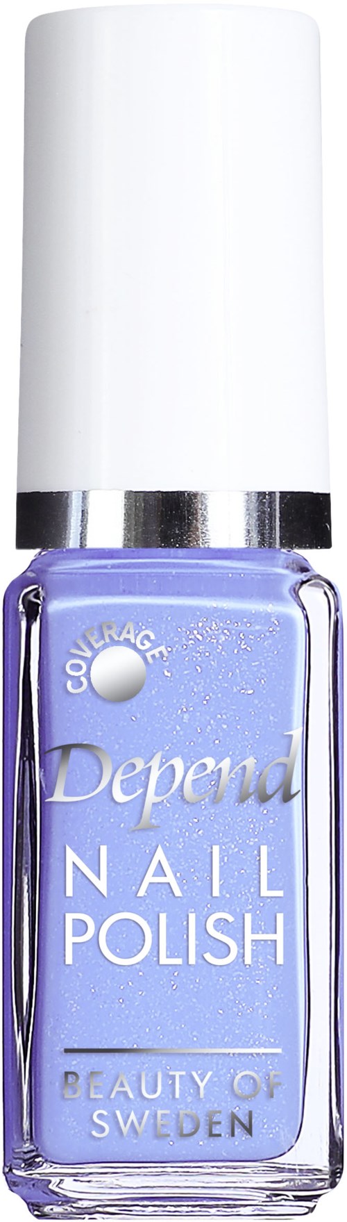 En flaska Depend nagellack i ljuslila färg med vit kapsyl och silverband. Text på flaskan säger "Depend Nail Polish".