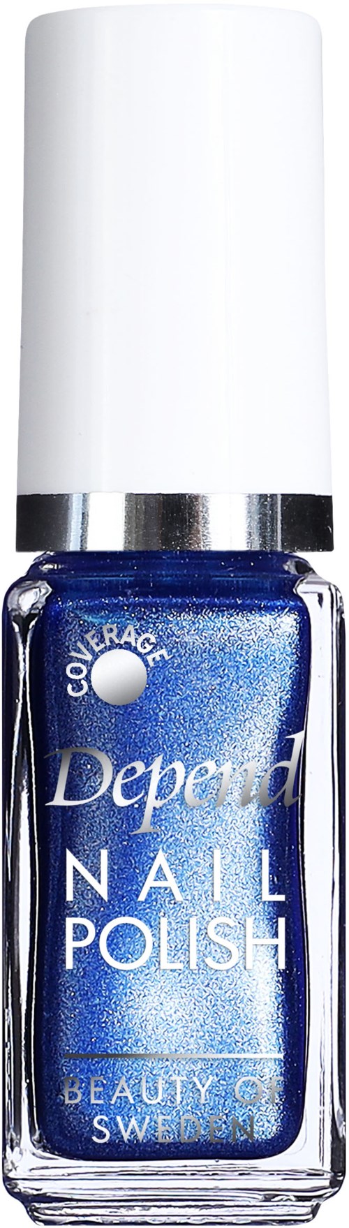 En flaska blå nagellack med vit kork och silverrand, märkt "Depend Nail Polish."