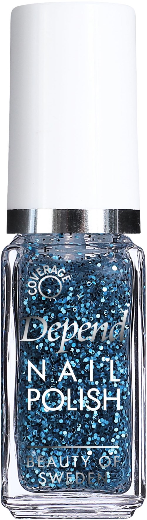Blå glitternagellack i en tydlig flaska med vit lock, märkt "Depend Nail Polish."