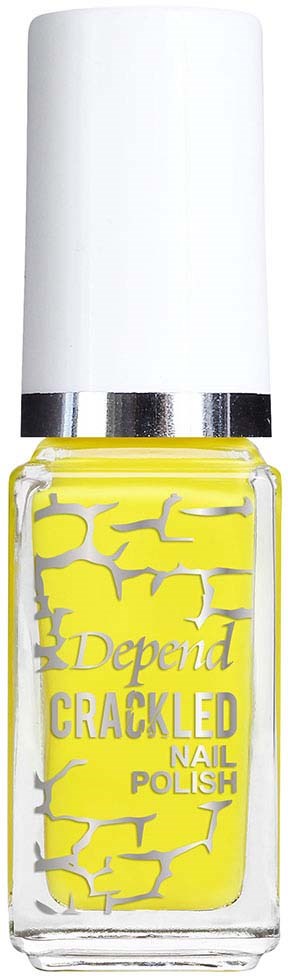 A bottle of yellow cracked nail polish with a white cap and silver band.