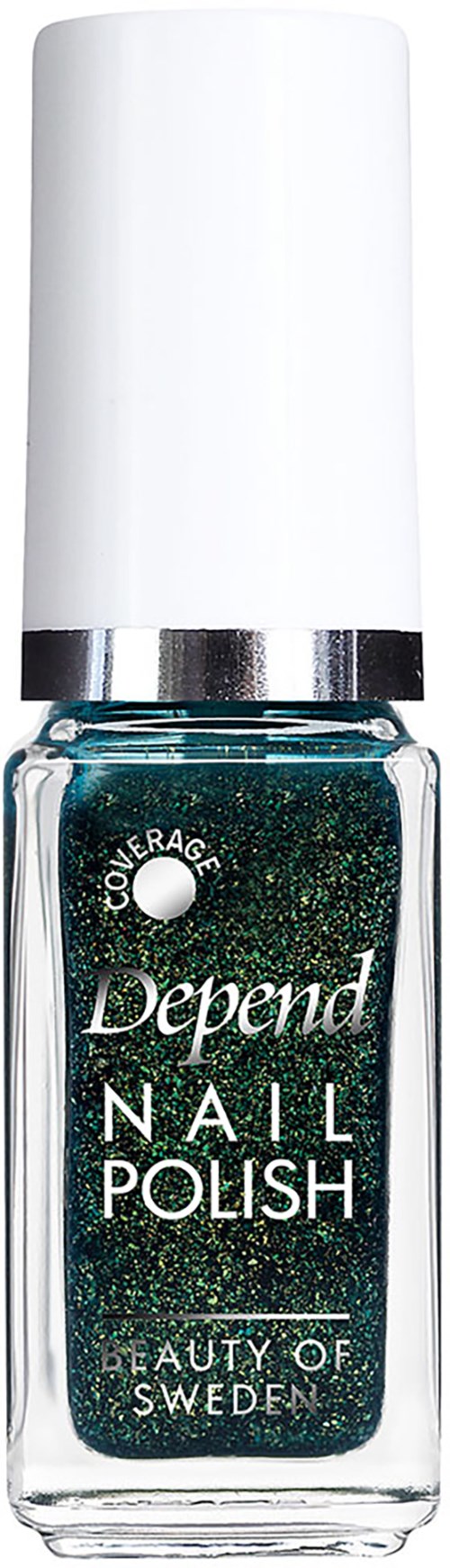 Een flesje Depend nagellak met donkergroene, glinsterende kleur en witte dop.