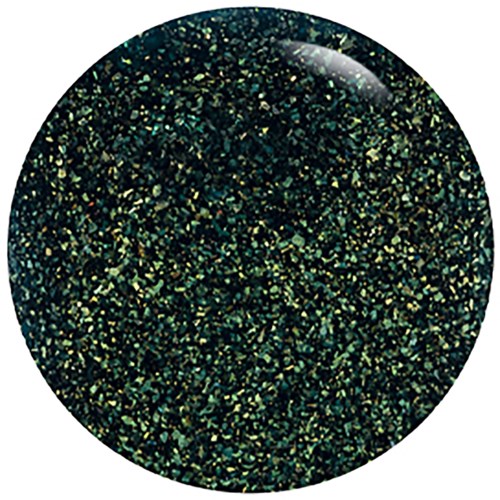 Een ronde make-upcontainer met groenachtige zwarte glitters binnen en een doorzichtige deksel die de glanzende, sprankelende oppervlakte toont.