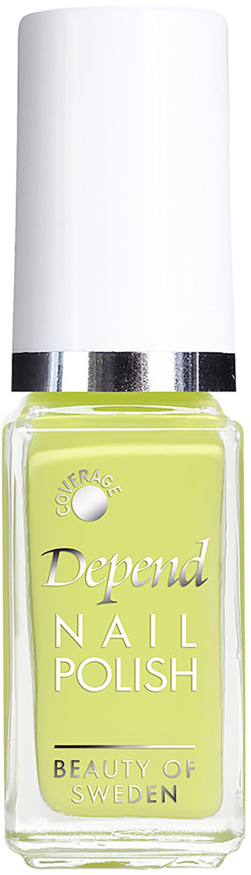 Flesje gele nagellak met witte dop en zilveren band, gemarkeerd 'Depend Nail Polish'.