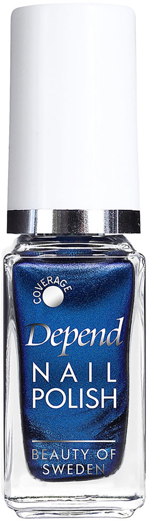 Een blauw flesje nagellak van Depend met witte tekst en witte dop.