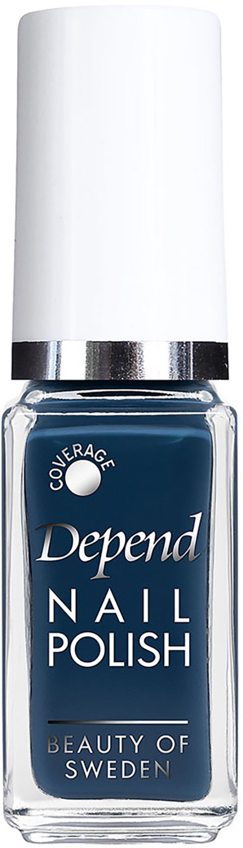 Een fles Depend nagellak in donkerblauw met witte dop, gemarkeerd 'Beauty of Sweden'.