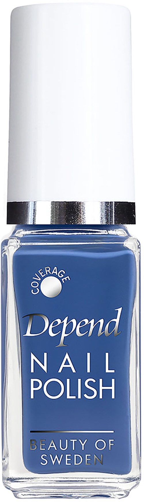 Blauwe nagellakfles met witte dop en zilveren band, gelabeld 'Depend Nail Polish' uit Zweden.