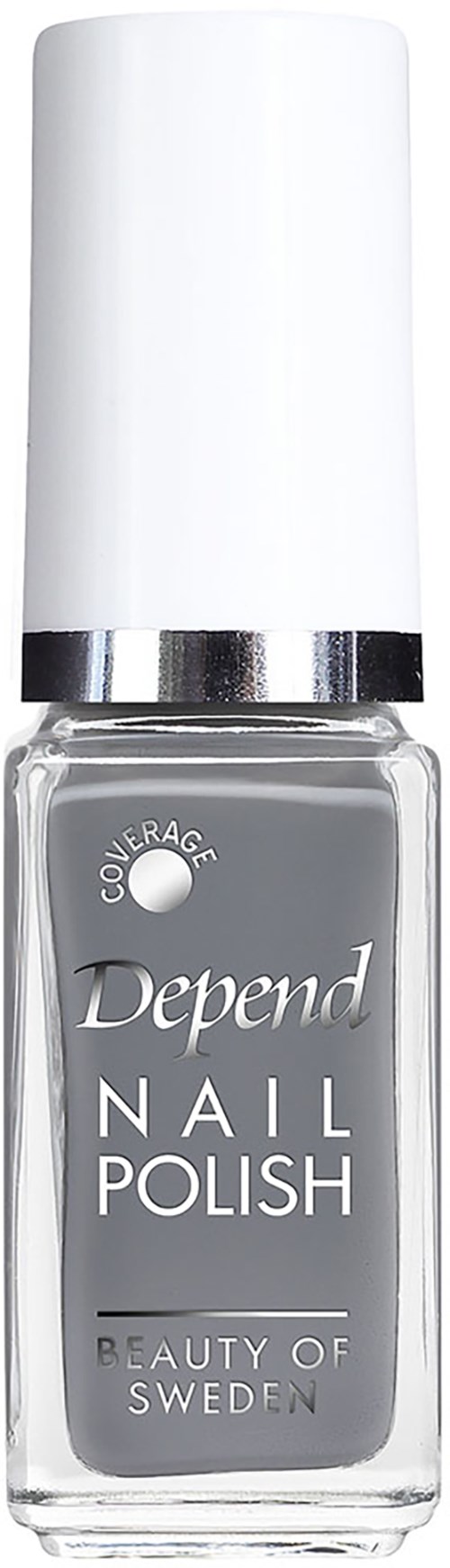 Een doorzichtbare nagellakfles met witte dop en zilveren band, gelabeld 'Depend Nail Polish' uit Zweden.