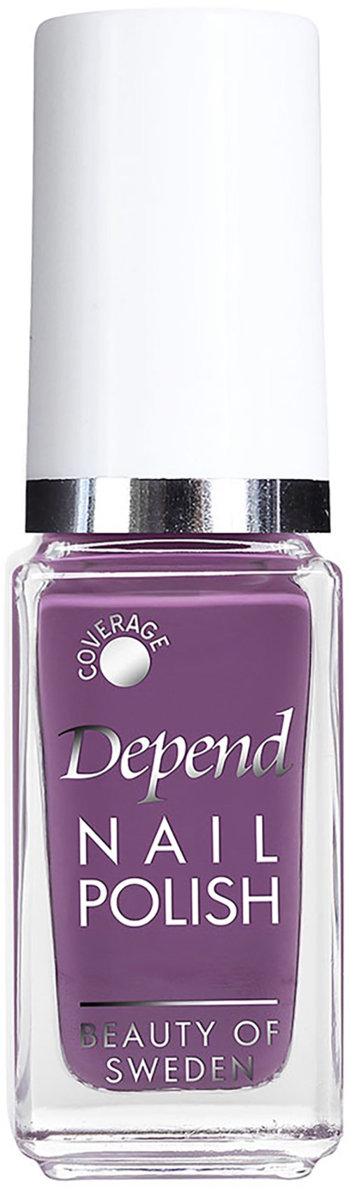 Een flesje paars nagellak met witte dop, gelabeld 'Depend Nail Polish' uit Zweden.