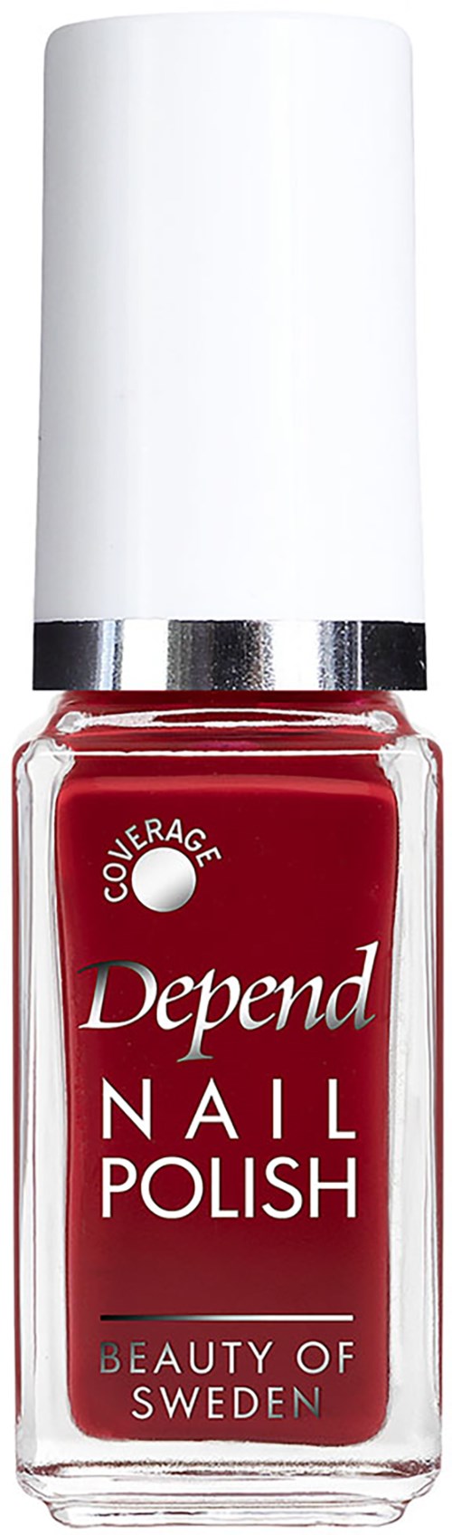 Een rood nagellakflesje met de tekst 'Depend Nail Polish' en een witte dop. Het merk 'Beauty of Sweden' is zichtbaar.