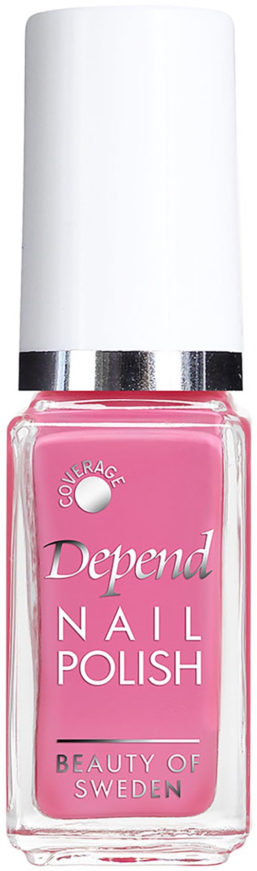 Een roze nagellakfles met een witte dop en zilveren band, gemarkeerd 'Depend Nail Polish' uit Zweden.