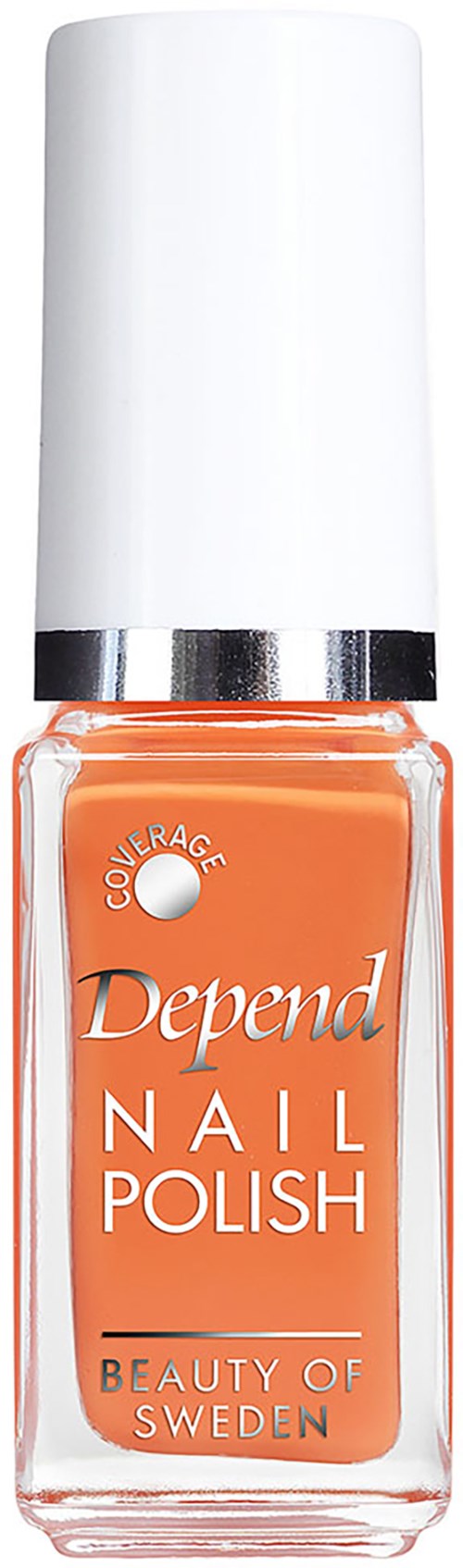Een fles oranje nagellak met een witte dop, label 'Depend Nail Polish' uit Zweden.