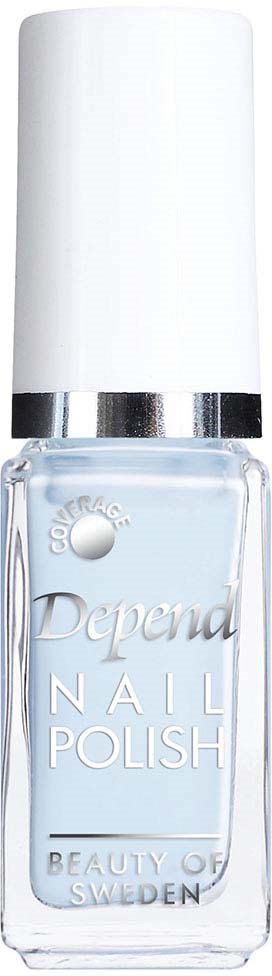 Een flesje lichtblauwe Dependa nagellak met een witte dop en zilveren band.