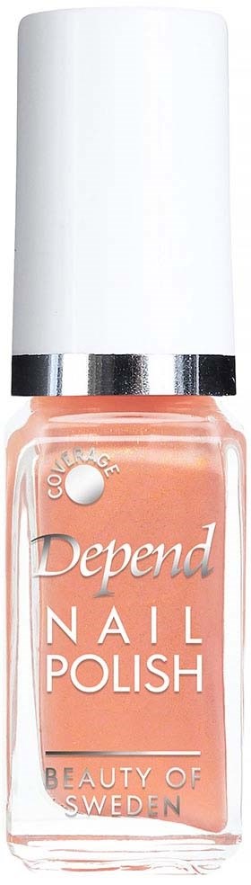 En aprikosfärgad Depend nagellackflaska med vitt text och vitt lock. Loggan säger "Depend Nail Polish".