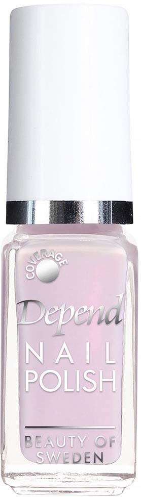 En flaska med rosa nagellack från Depend, med vit kork och silverring, visar märkesetiketter.