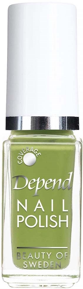 En nagellackflaska medvit lock, grönt färgat vätska inuti, märkt "Depend Nail Polish" med en silverrand.