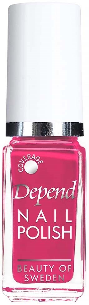Rosa nagellackflaska med vit lock och silverband, märkt 'Depend Nail Polish' från Sverige.