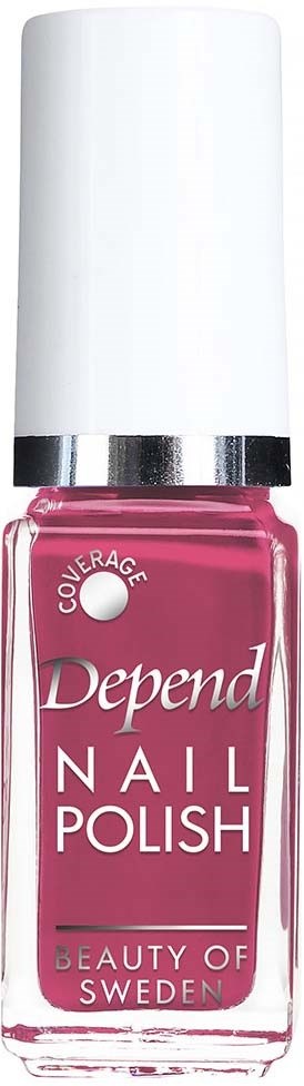 Rosa nagellackflaska med vit kork och silverband. Säger "Depend Nail Polish" och "Beauty of Sweden."