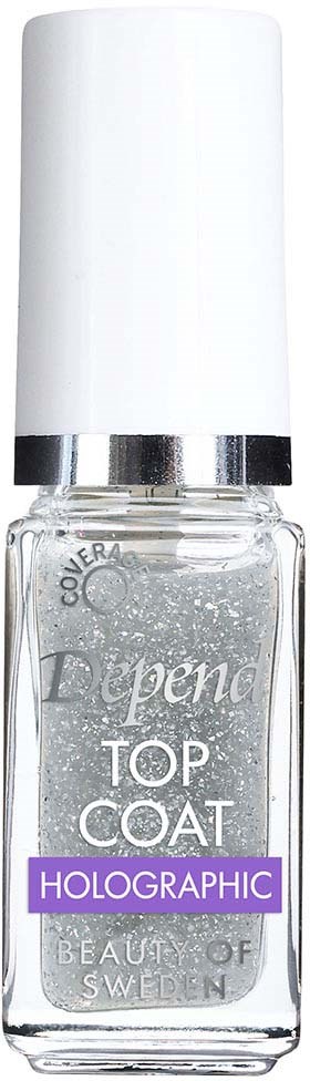 Klar nagellackflaska med vit lock, märkt 'Dipen Top Coat Holographic.' Glittrande lack inuti.